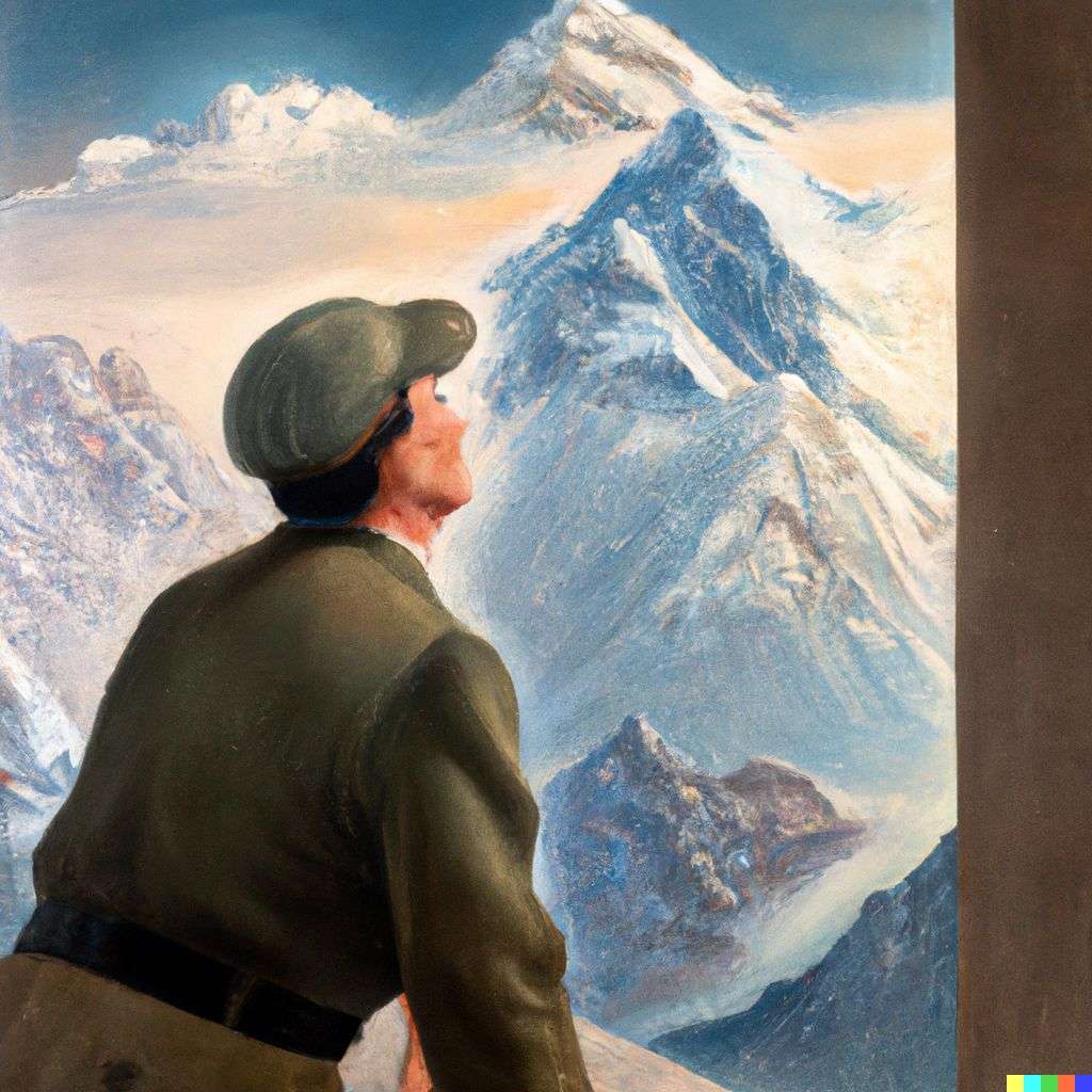 someone gazing at Mount Everest, painting by Norman Rockwell